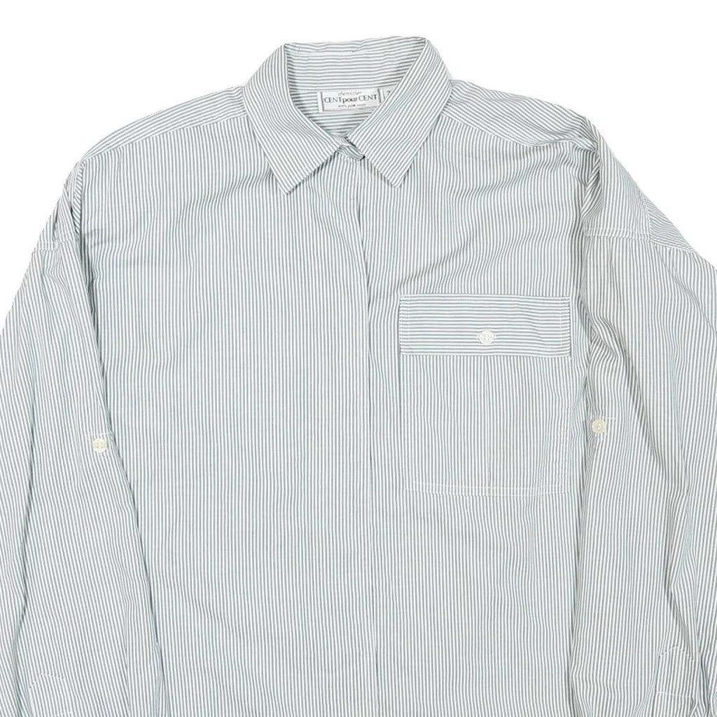 Womens White & Grey Stripe Long Sleeve Shirt L Polyester Blend Relaxed Fit
