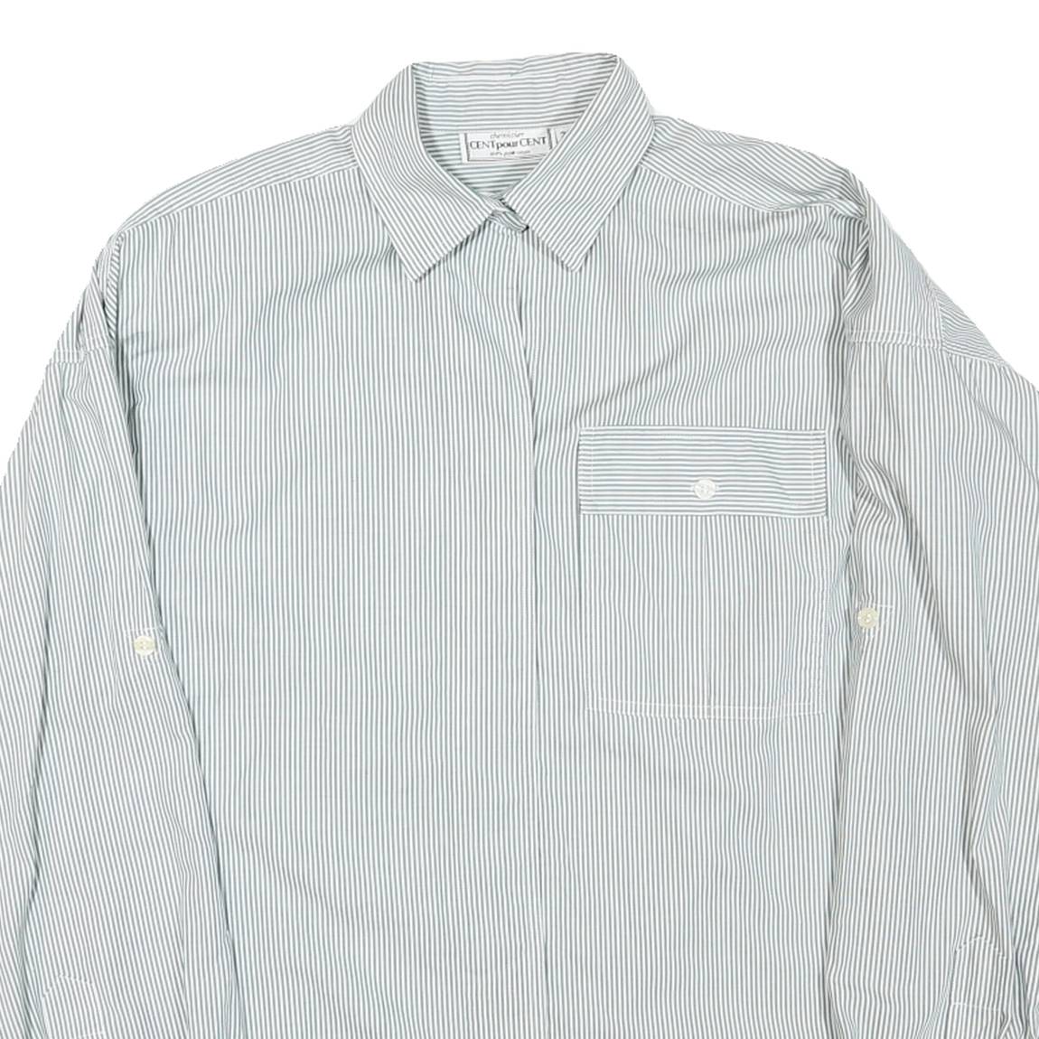 Womens White & Grey Stripe Long Sleeve Shirt L Polyester Blend Relaxed Fit