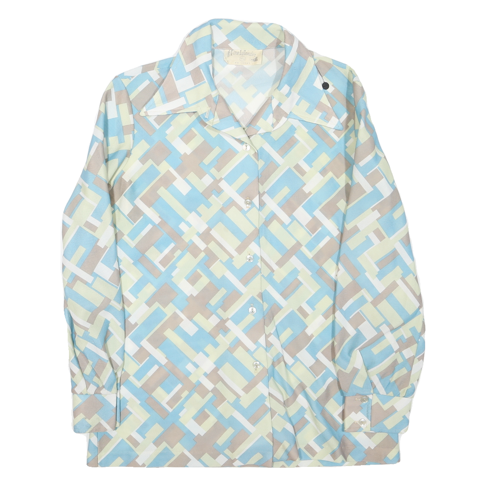 Womens Cream & Blue Geometric Pattern Shirt M Retro Vintage Style Long Sleeve