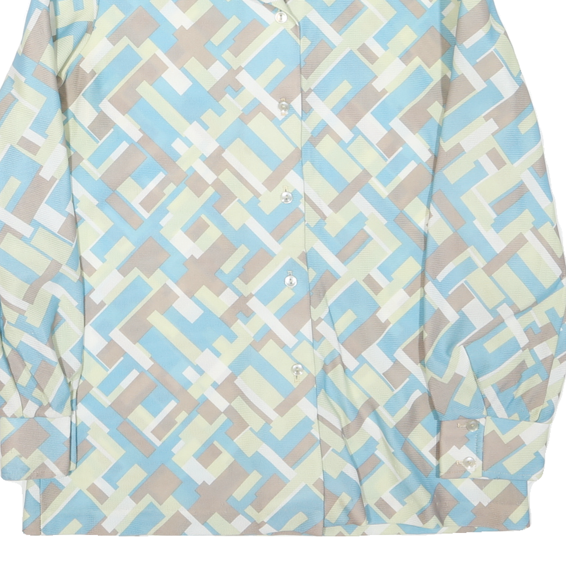 Womens Cream & Blue Geometric Pattern Shirt M Retro Vintage Style Long Sleeve