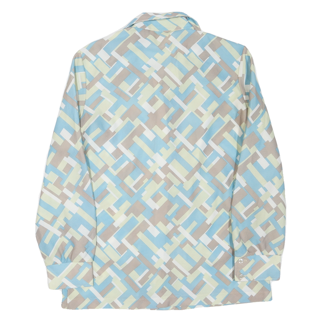 Womens Cream & Blue Geometric Pattern Shirt M Retro Vintage Style Long Sleeve