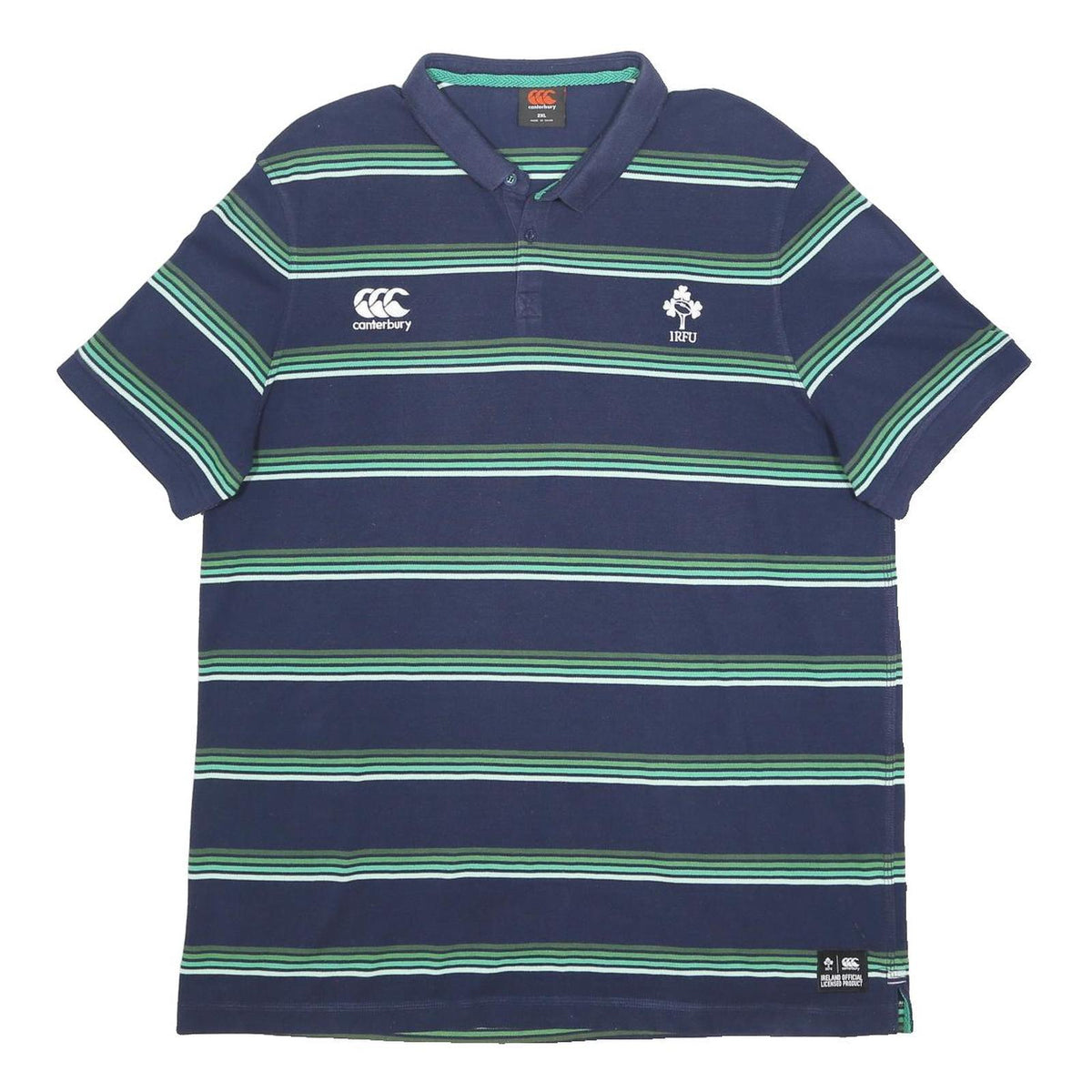 CANTERBURY Mens Navy Green Striped IRFU Cotton Blend Polo Shirt 2XL Rugby