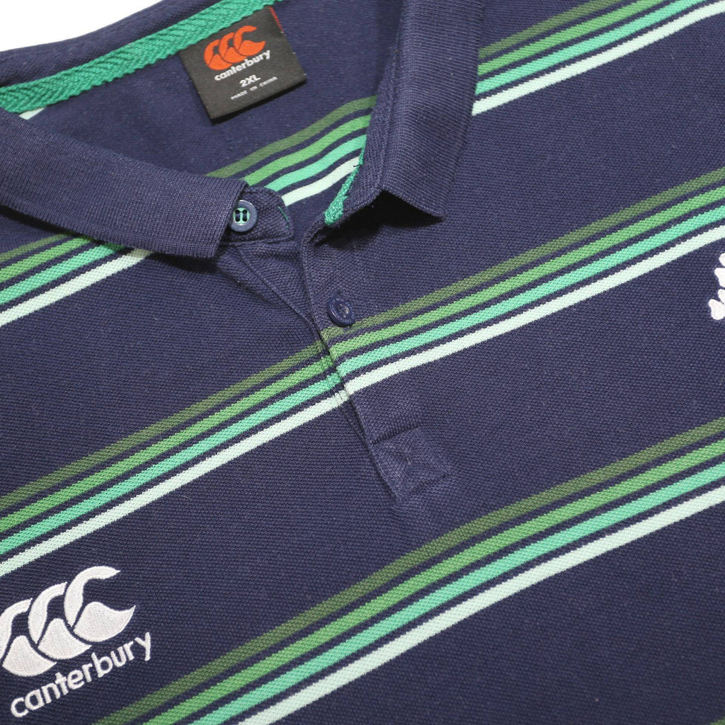 CANTERBURY Mens Navy Green Striped IRFU Cotton Blend Polo Shirt 2XL Rugby