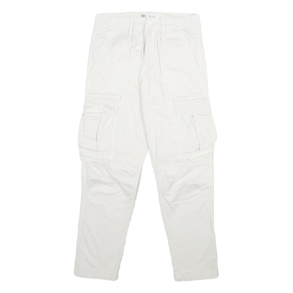 ZARA Mens White Cotton Blend Regular Cargo Trousers W30 L30 Utility Pockets Zip