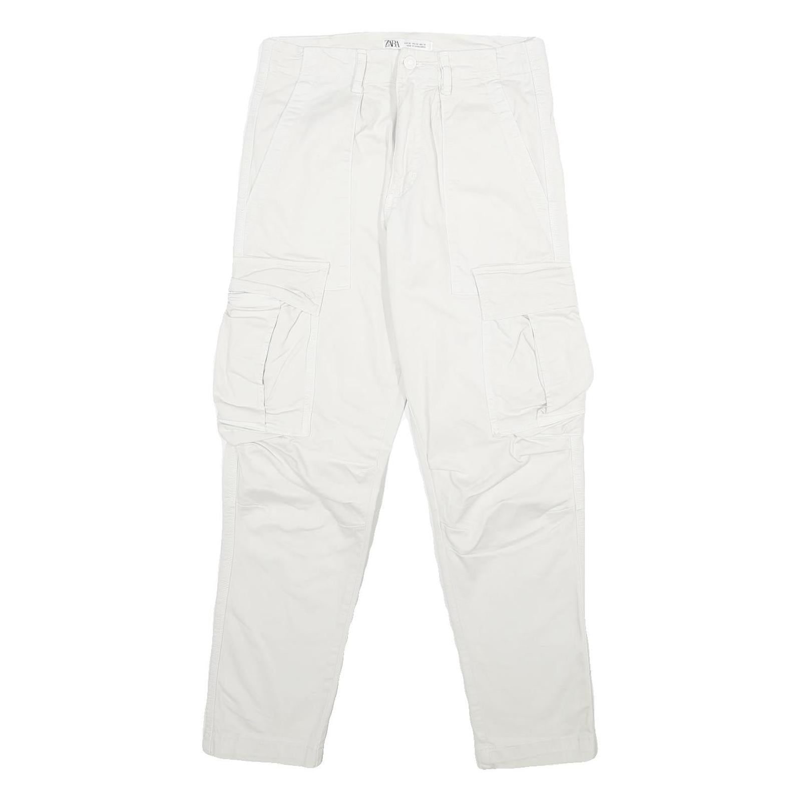 ZARA Mens White Cotton Blend Regular Cargo Trousers W30 L30 Utility Pockets Zip