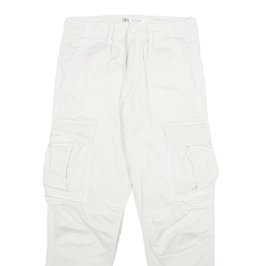 ZARA Mens White Cotton Blend Regular Cargo Trousers W30 L30 Utility Pockets Zip