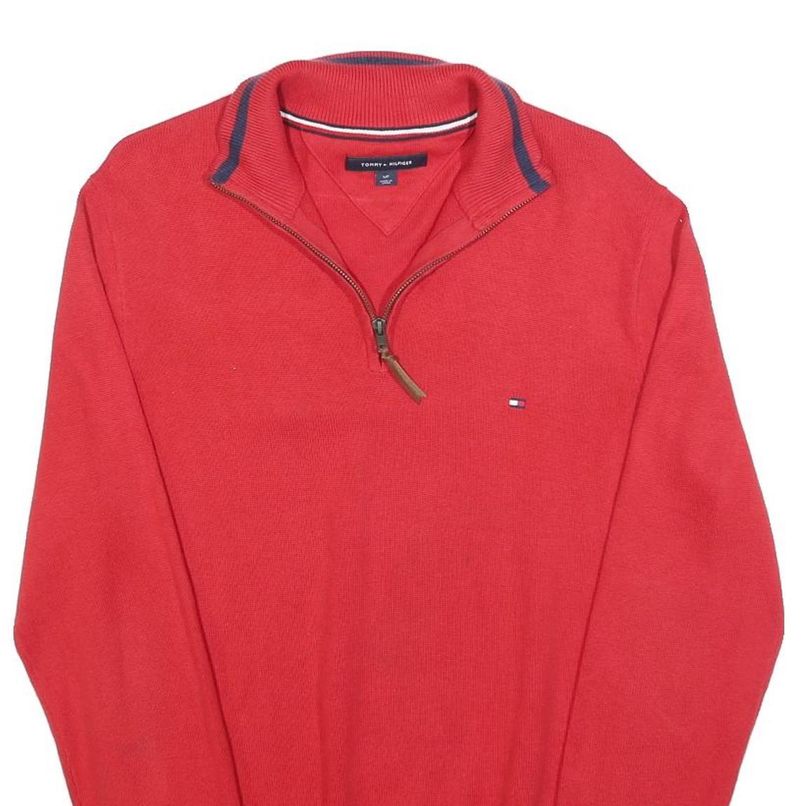 TOMMY HILFIGER Mens Red Plain Pullover V-Neck Basic Knit S Cotton Jumper