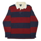 LANDS END Mens Red & Navy Long Sleeve Striped Cotton Blend Polo Shirt L Casual
