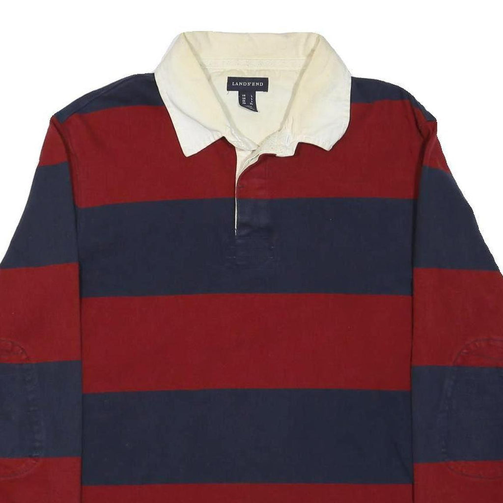 LANDS END Mens Red & Navy Long Sleeve Striped Cotton Blend Polo Shirt L Casual