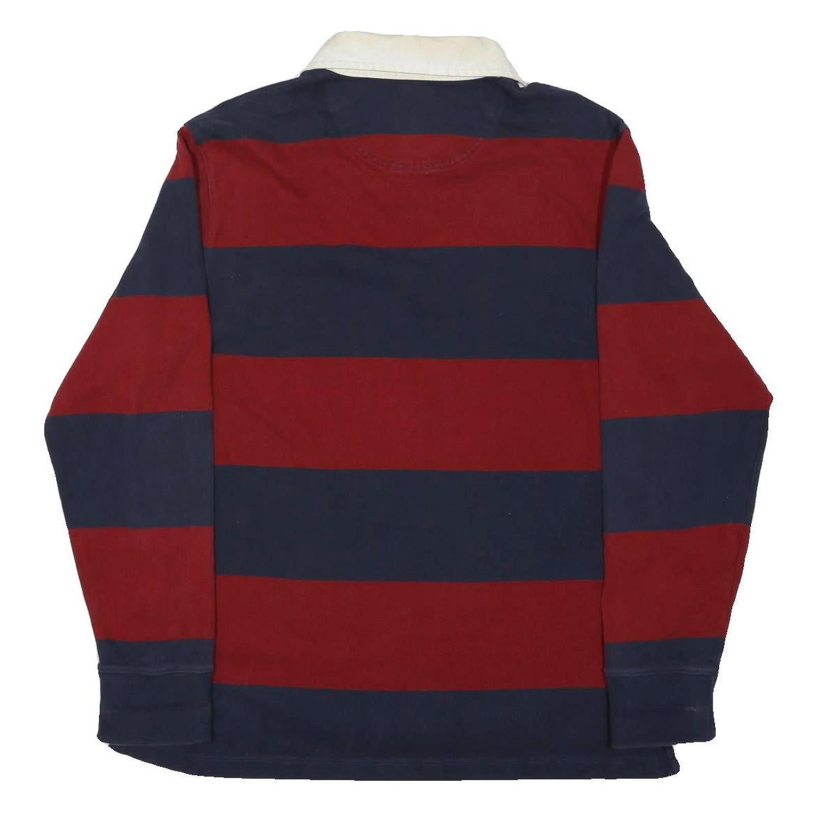 LANDS END Mens Red & Navy Long Sleeve Striped Cotton Blend Polo Shirt L Casual