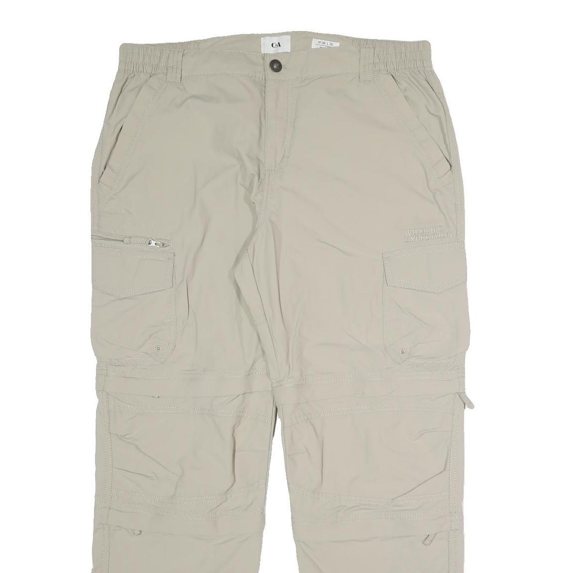 C&A Mens Relaxed Beige Polyester Blend Zip Cargo Trousers W36 L30 Outdoor