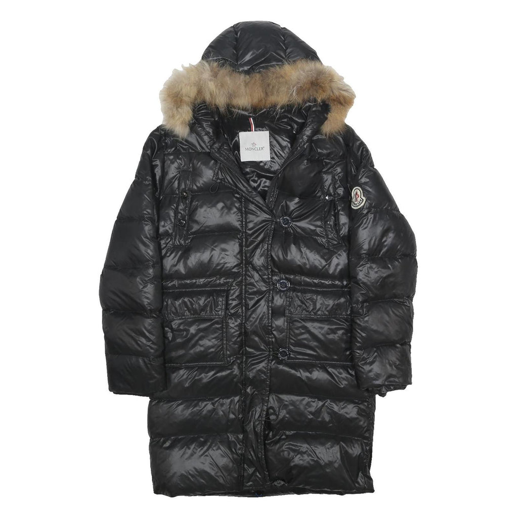 MONCLER Womens Black Down Button Coat L Polyamide Woven Plain Relaxed Fit Fur