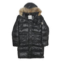 MONCLER Womens Black Down Button Coat L Polyamide Woven Plain Relaxed Fit Fur