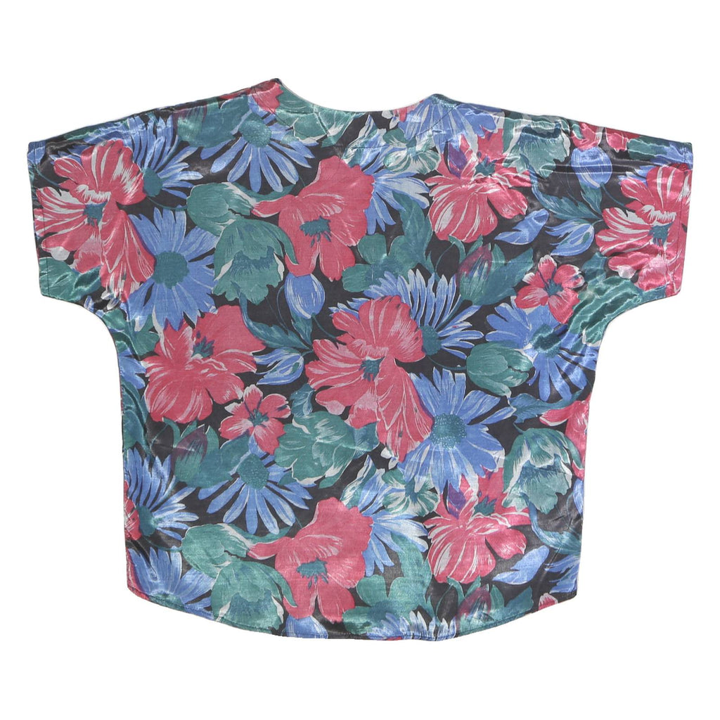 CHINDAMANE Womens Blue & Red Floral Silk Button Short Sleeve Top L Casual