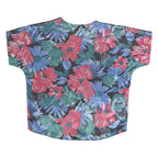 CHINDAMANE Womens Blue & Red Floral Silk Button Short Sleeve Top L Casual