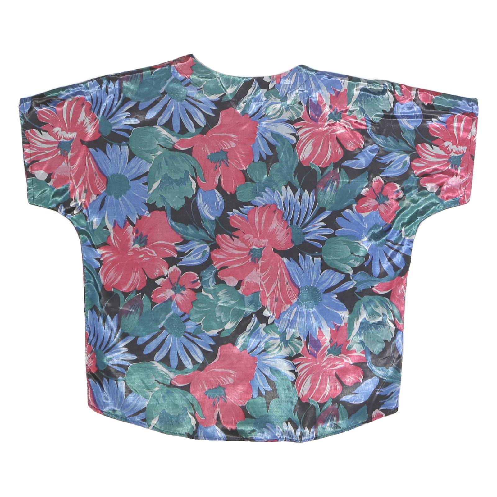 CHINDAMANE Womens Blue & Red Floral Silk Button Short Sleeve Top L Casual