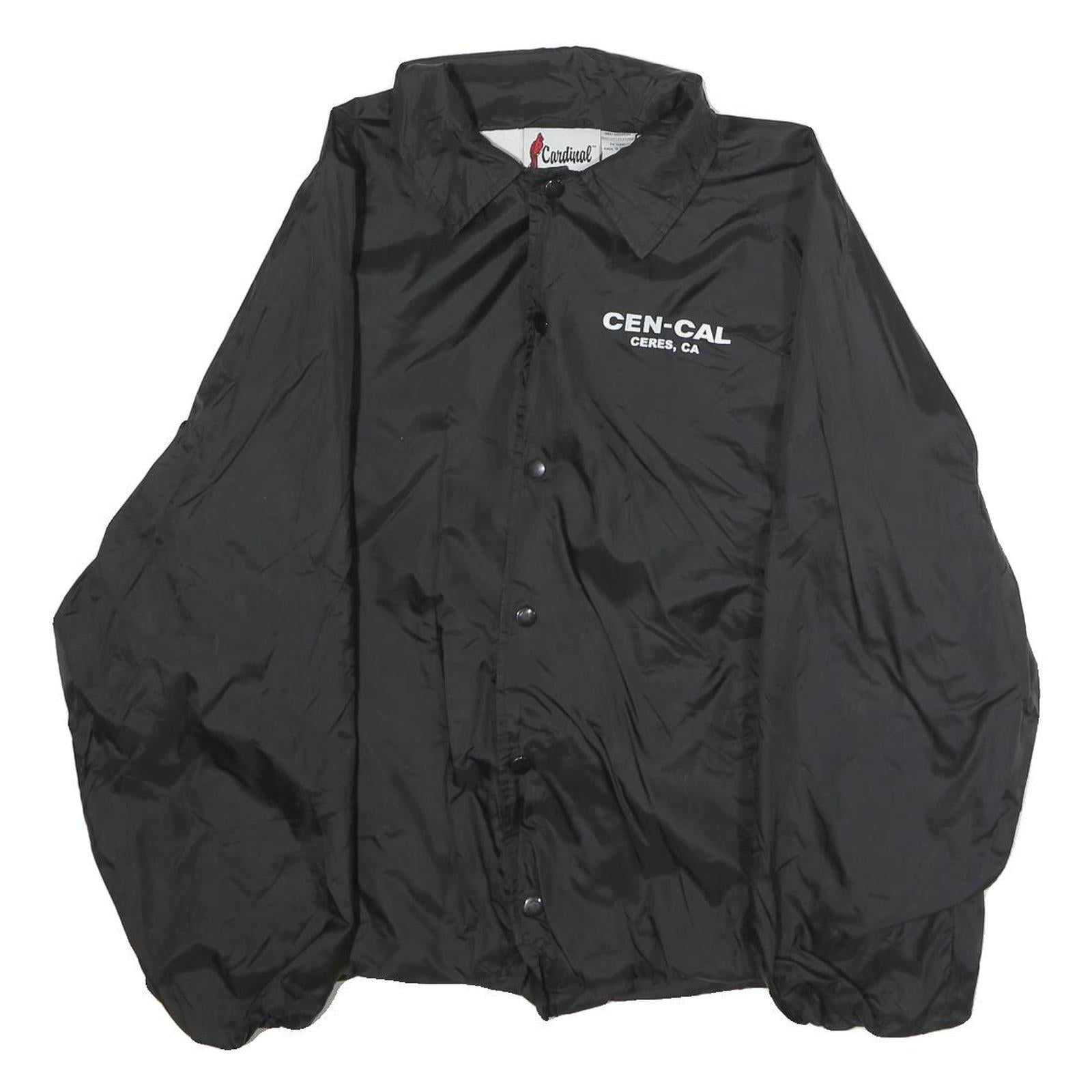 CARDINAL Mens Black Nylon Button Jacket L Plain Casual Lightweight Windbreaker