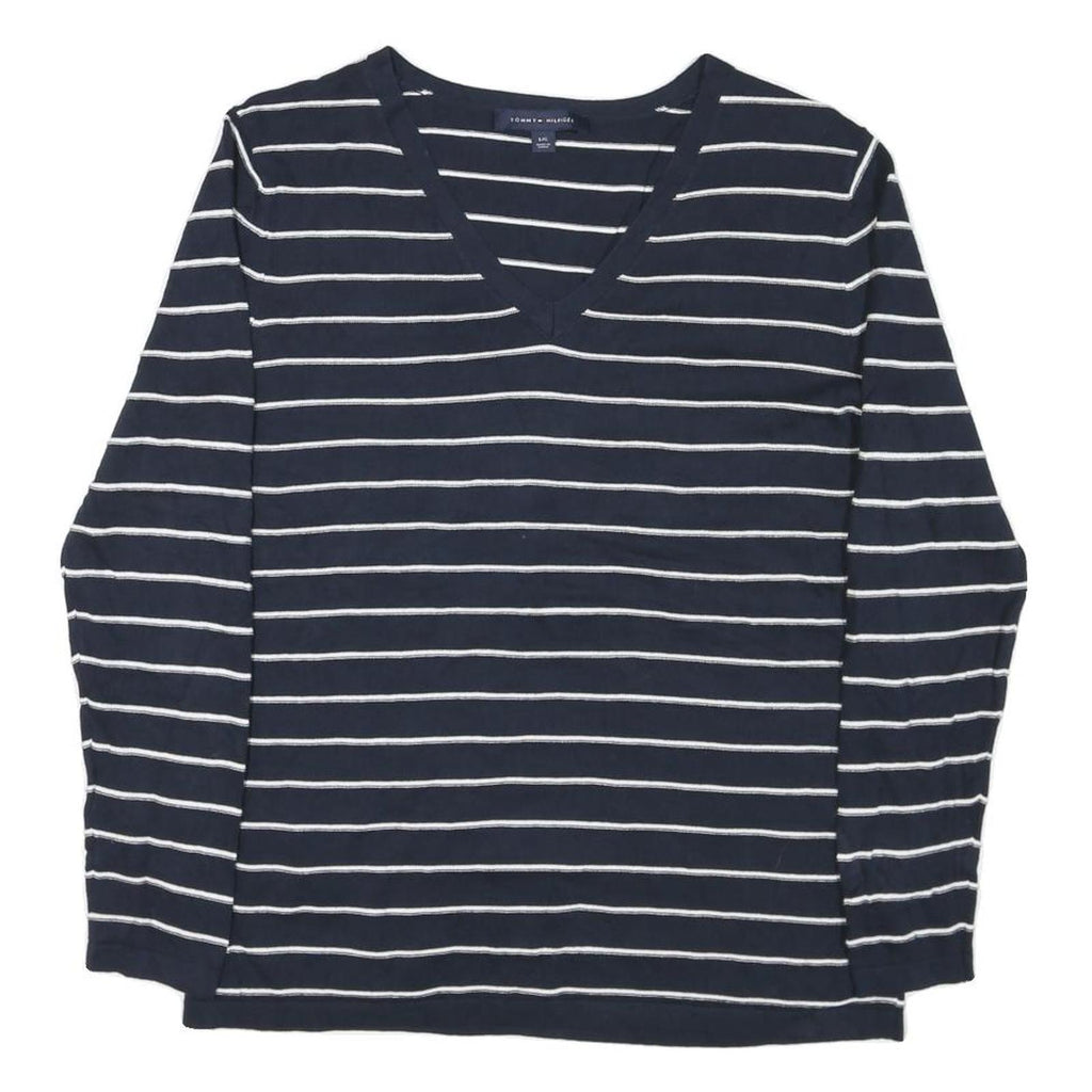 TOMMY HILFIGER Womens Navy Blue Plain V-Neck Basic Knit L Cotton Blend Jumper