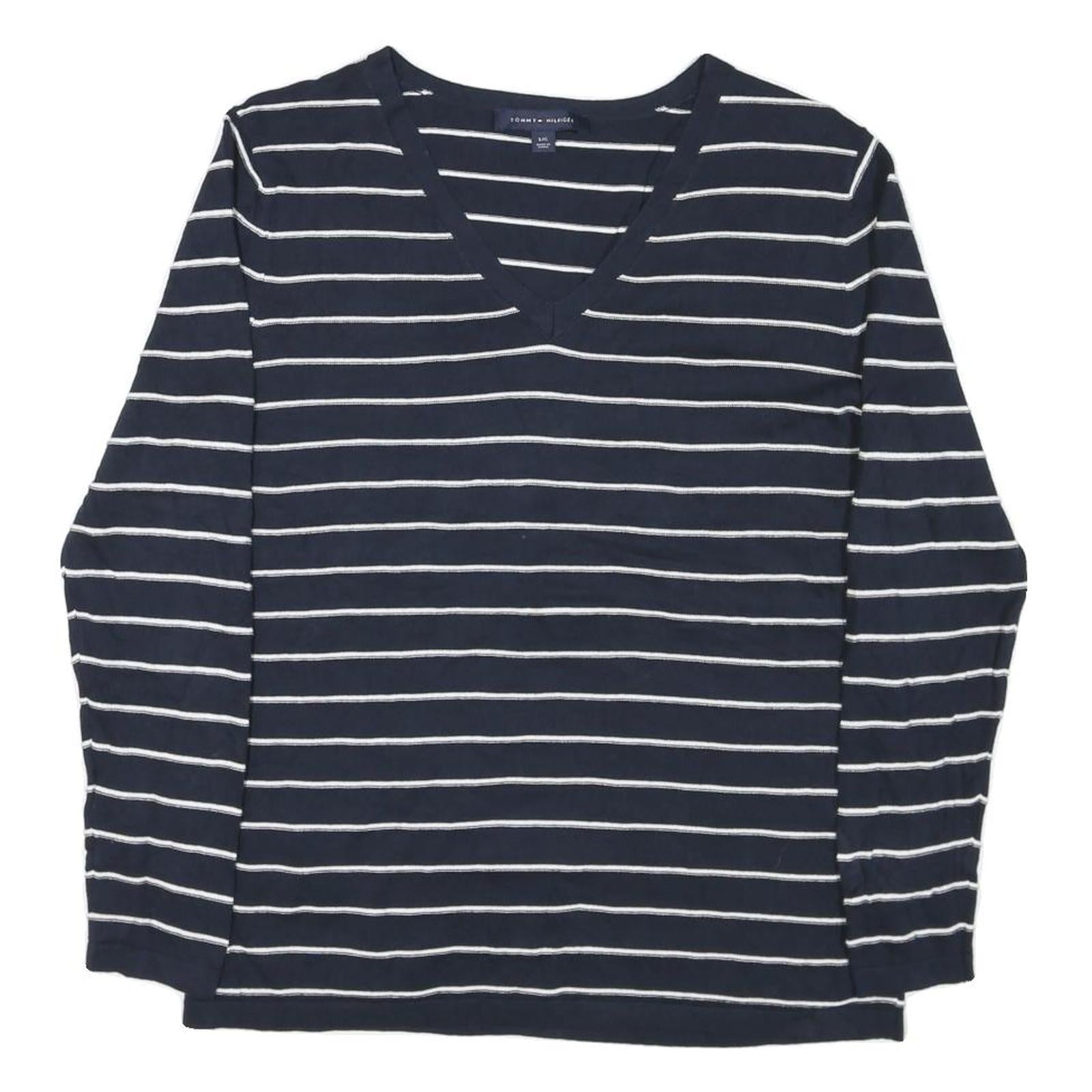 TOMMY HILFIGER Womens Navy Blue Plain V-Neck Basic Knit L Cotton Blend Jumper