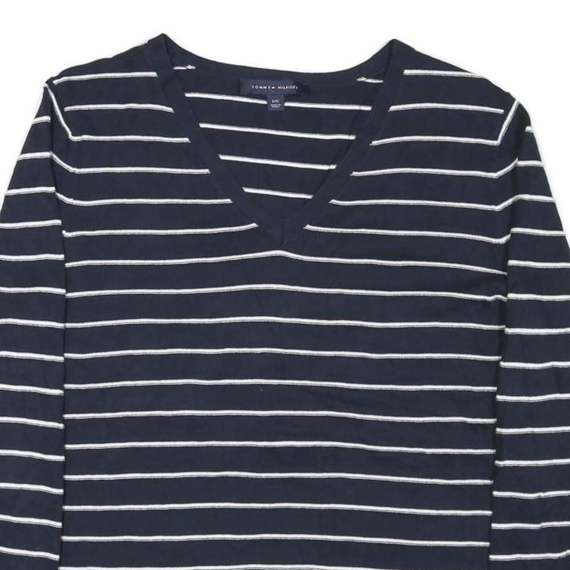 TOMMY HILFIGER Womens Navy Blue Plain V-Neck Basic Knit L Cotton Blend Jumper