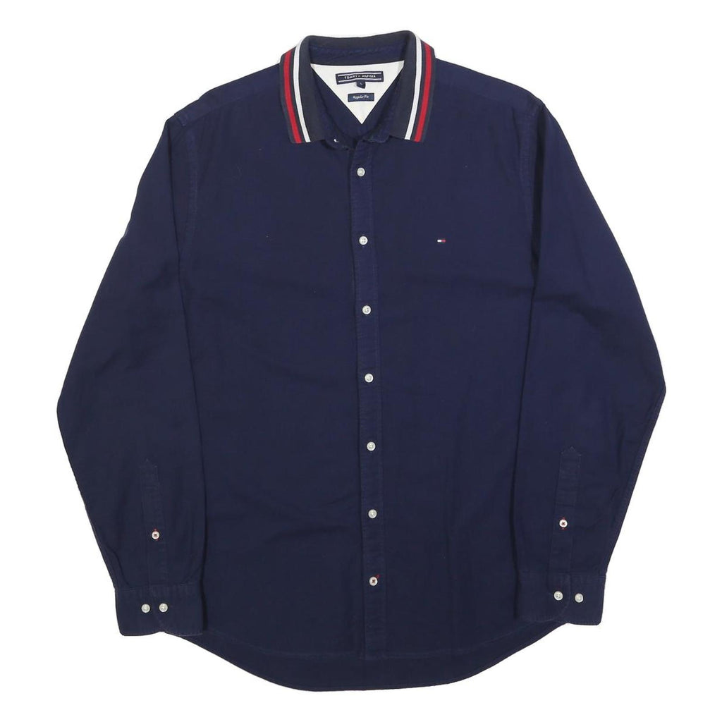 TOMMY HILFIGER Mens Navy Shirt L Cotton Blend Button-Down Collar Long Sleeve