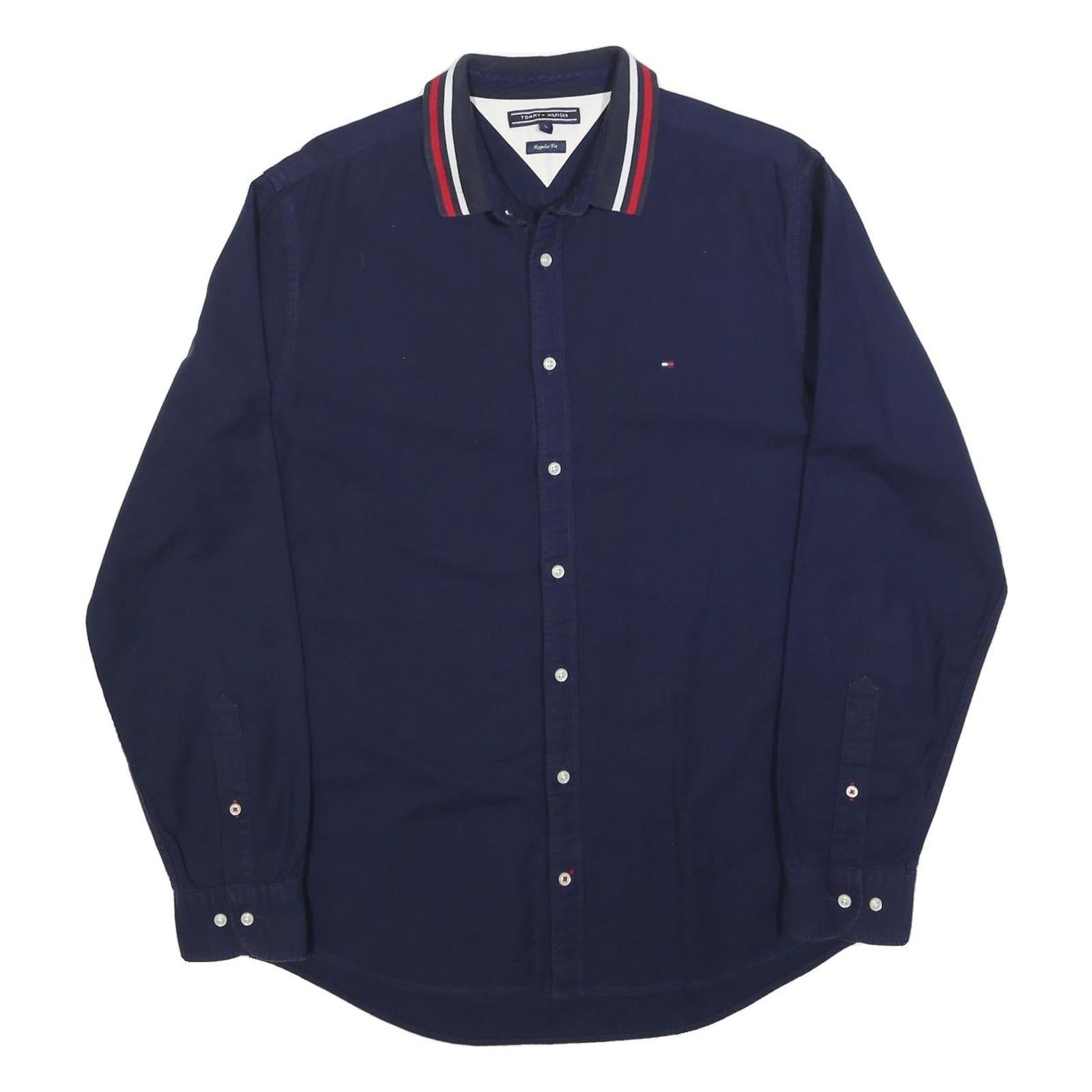 TOMMY HILFIGER Mens Navy Shirt L Cotton Blend Button-Down Collar Long Sleeve