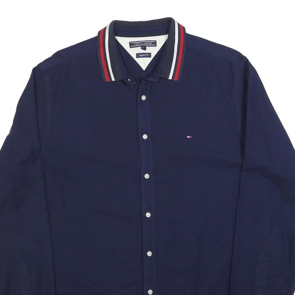 TOMMY HILFIGER Mens Navy Shirt L Cotton Blend Button-Down Collar Long Sleeve