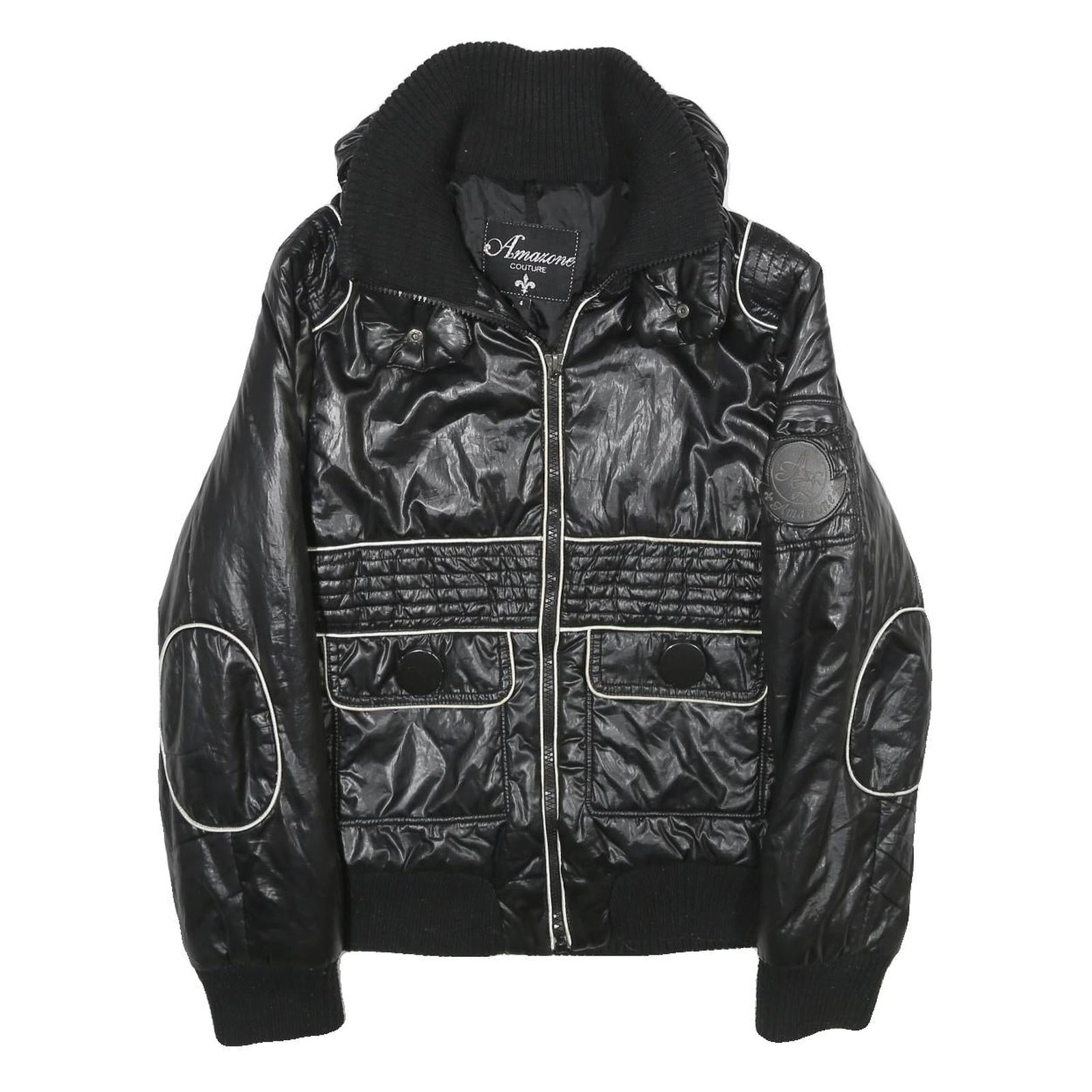 AMAZONE COUTURE Womens Black Zip Jacket Polyester UK 8 Quilted Ribbed Collar