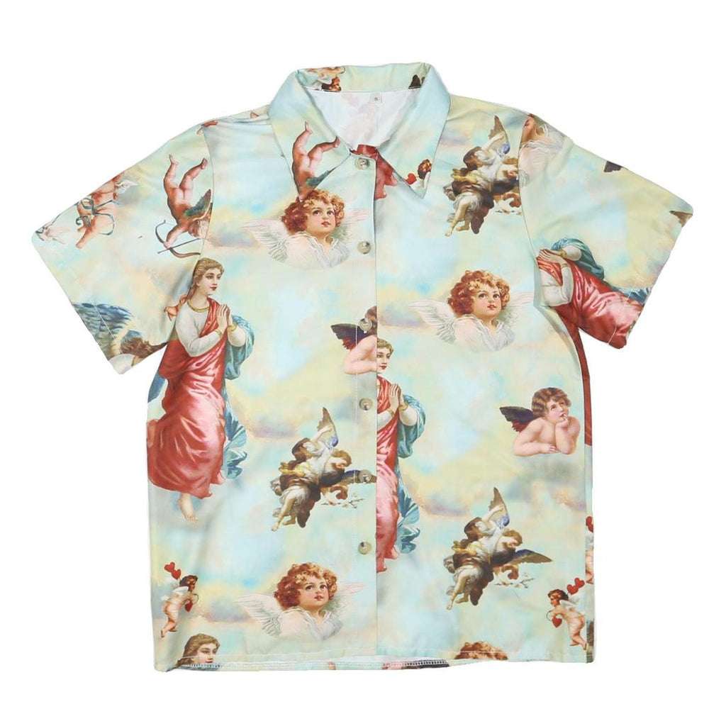 Womens Blue & Cream Artistic Print Shirt Short Sleeve Collared S Polyester Blend