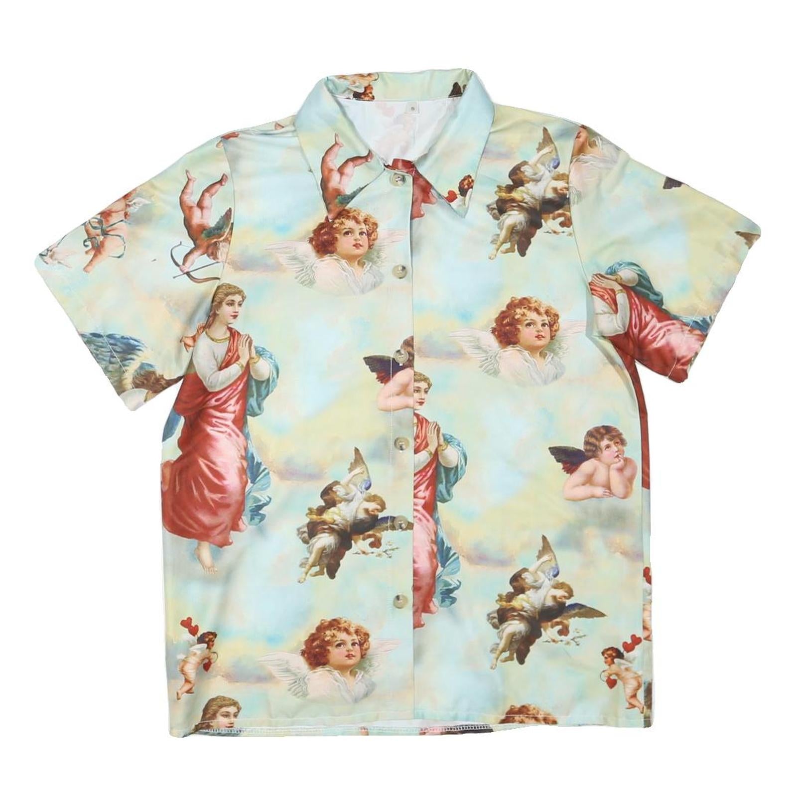 Womens Blue & Cream Artistic Print Shirt Short Sleeve Collared S Polyester Blend