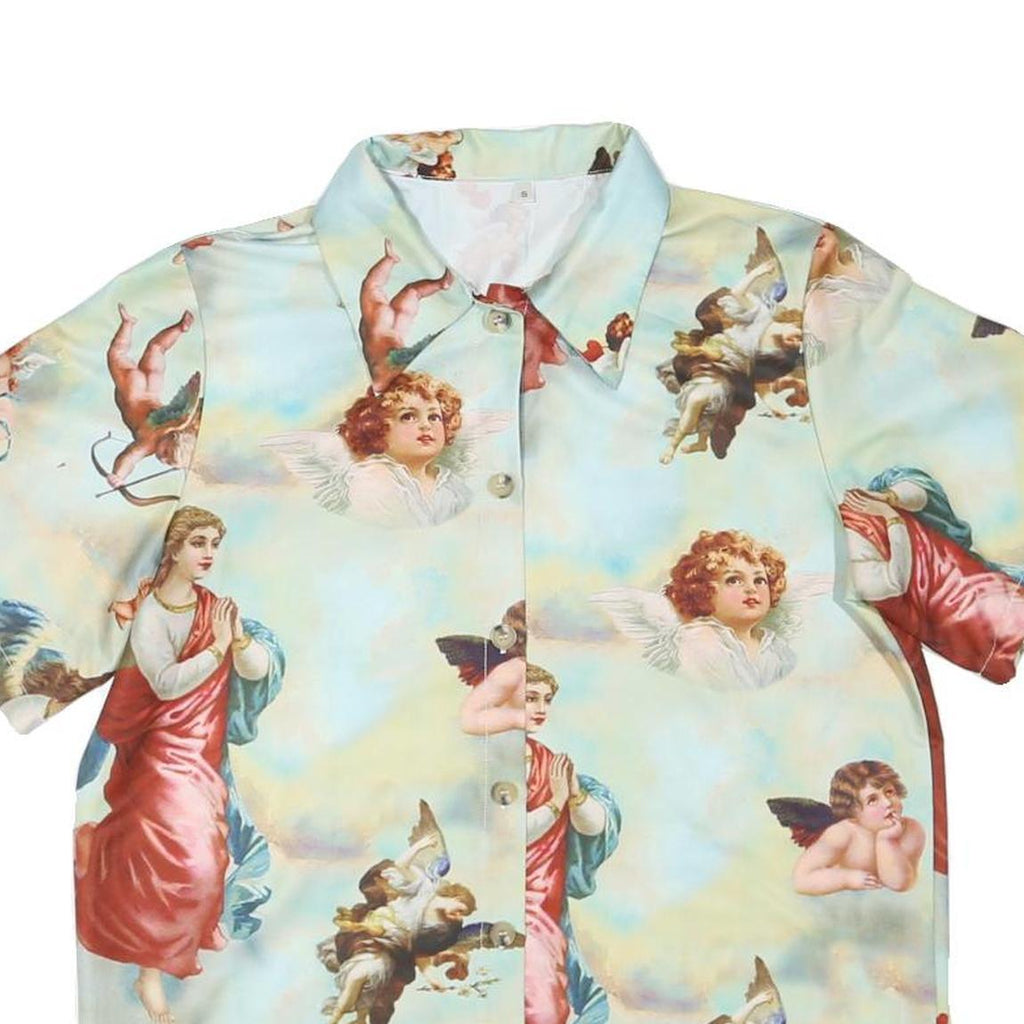 Womens Blue & Cream Artistic Print Shirt Short Sleeve Collared S Polyester Blend