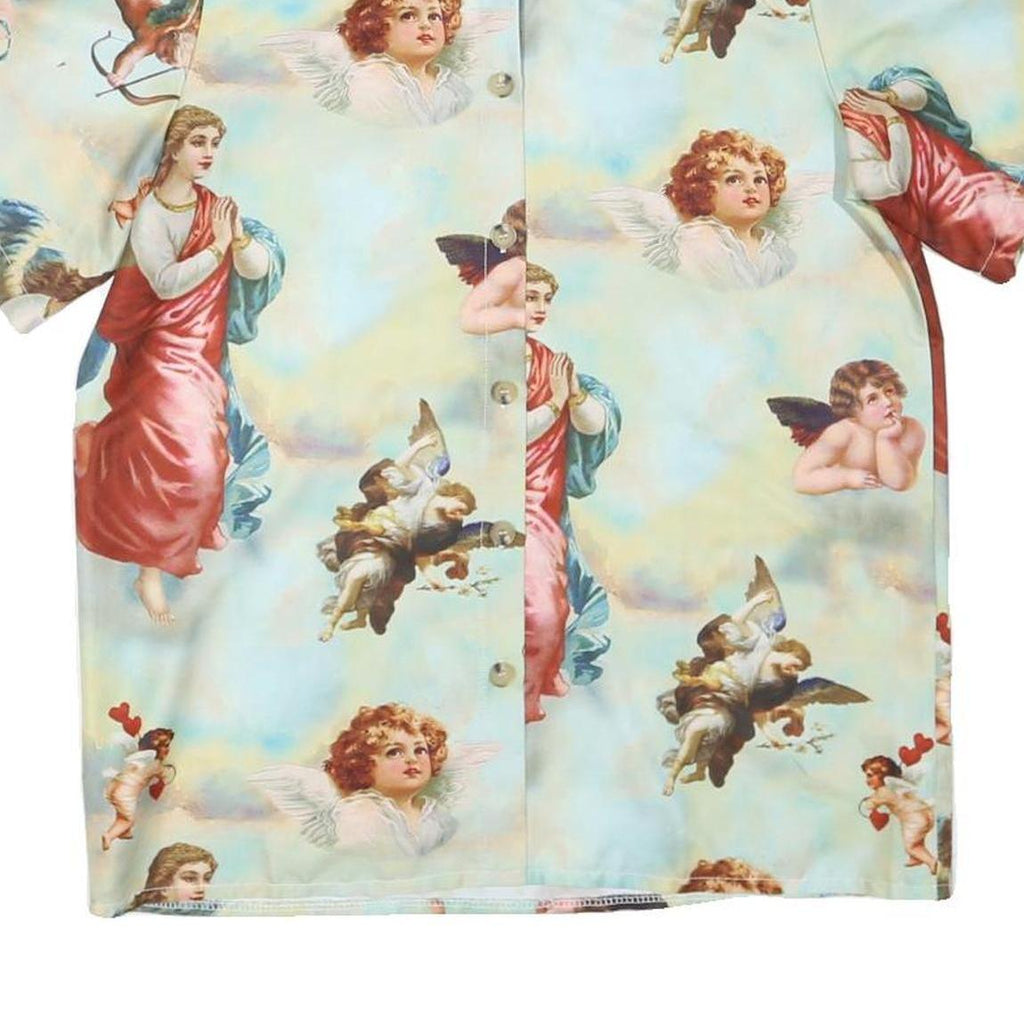 Womens Blue & Cream Artistic Print Shirt Short Sleeve Collared S Polyester Blend