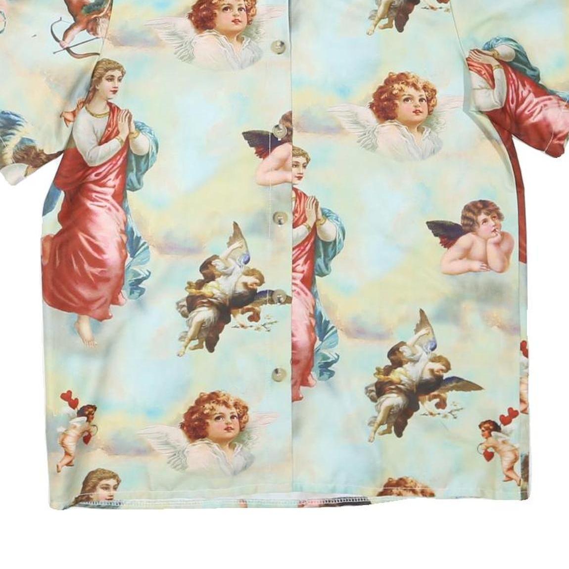 Womens Blue & Cream Artistic Print Shirt Short Sleeve Collared S Polyester Blend