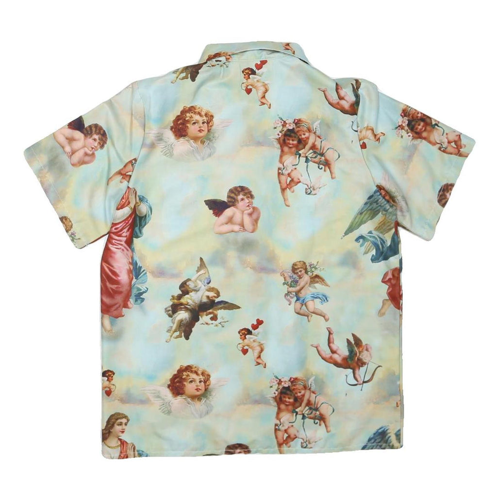 Womens Blue & Cream Artistic Print Shirt Short Sleeve Collared S Polyester Blend