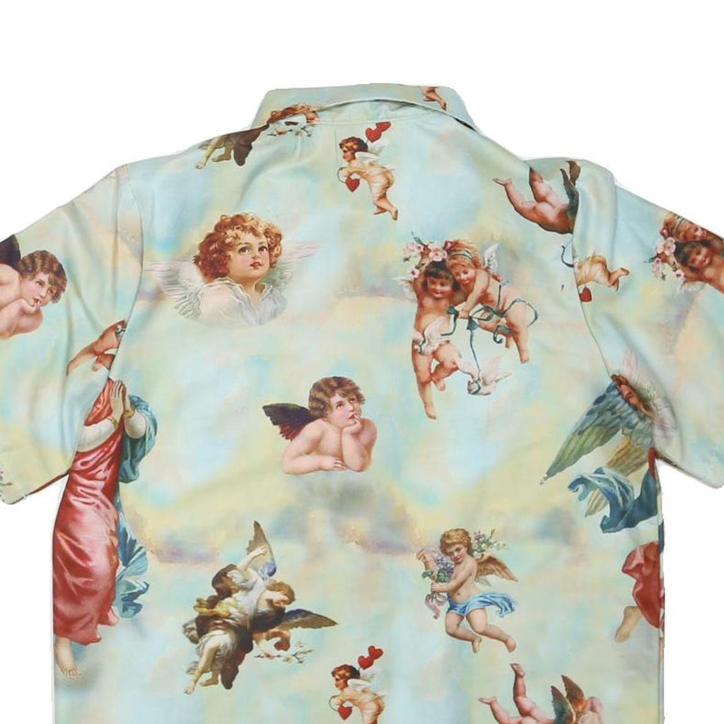 Womens Blue & Cream Artistic Print Shirt Short Sleeve Collared S Polyester Blend