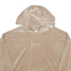 KARL KANI Womens Beige Velvet Hoodie L Cropped Drawstring Hooded Sweatshirt