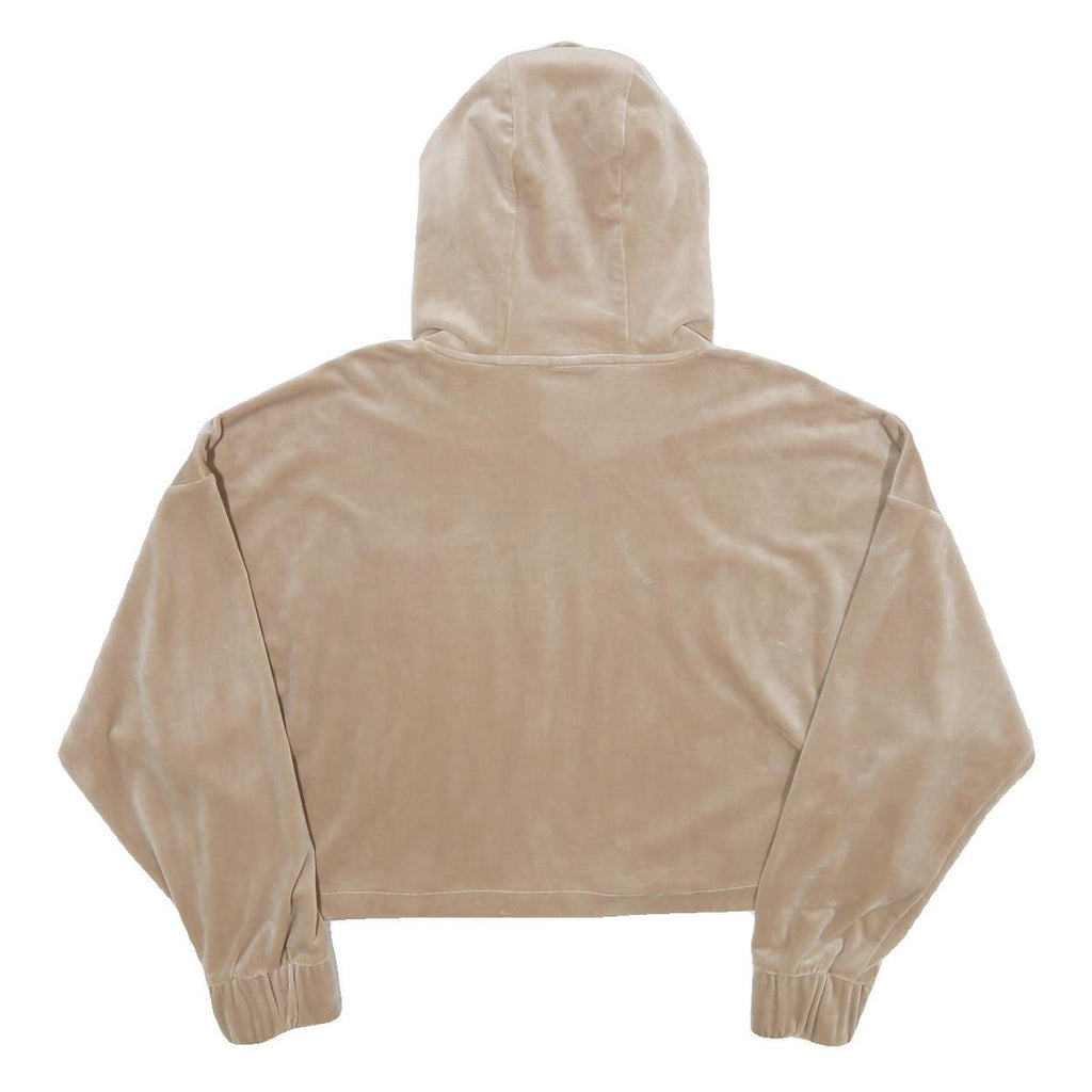 KARL KANI Womens Beige Velvet Hoodie L Cropped Drawstring Hooded Sweatshirt