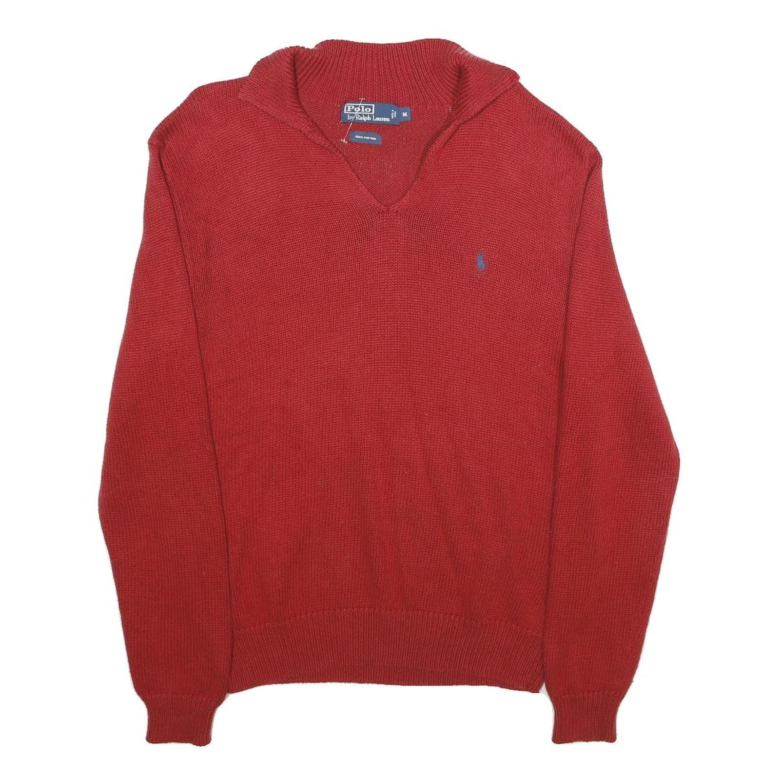 POLO RALPH LAUREN Mens Red Plain Cotton Jumper V-Neck Basic Knit M Casual Wear