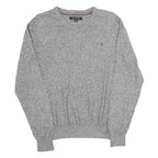 TOMMY HILFIGER Mens Grey Plain Cotton V-Neck Basic Knit Jumper L Classic Style