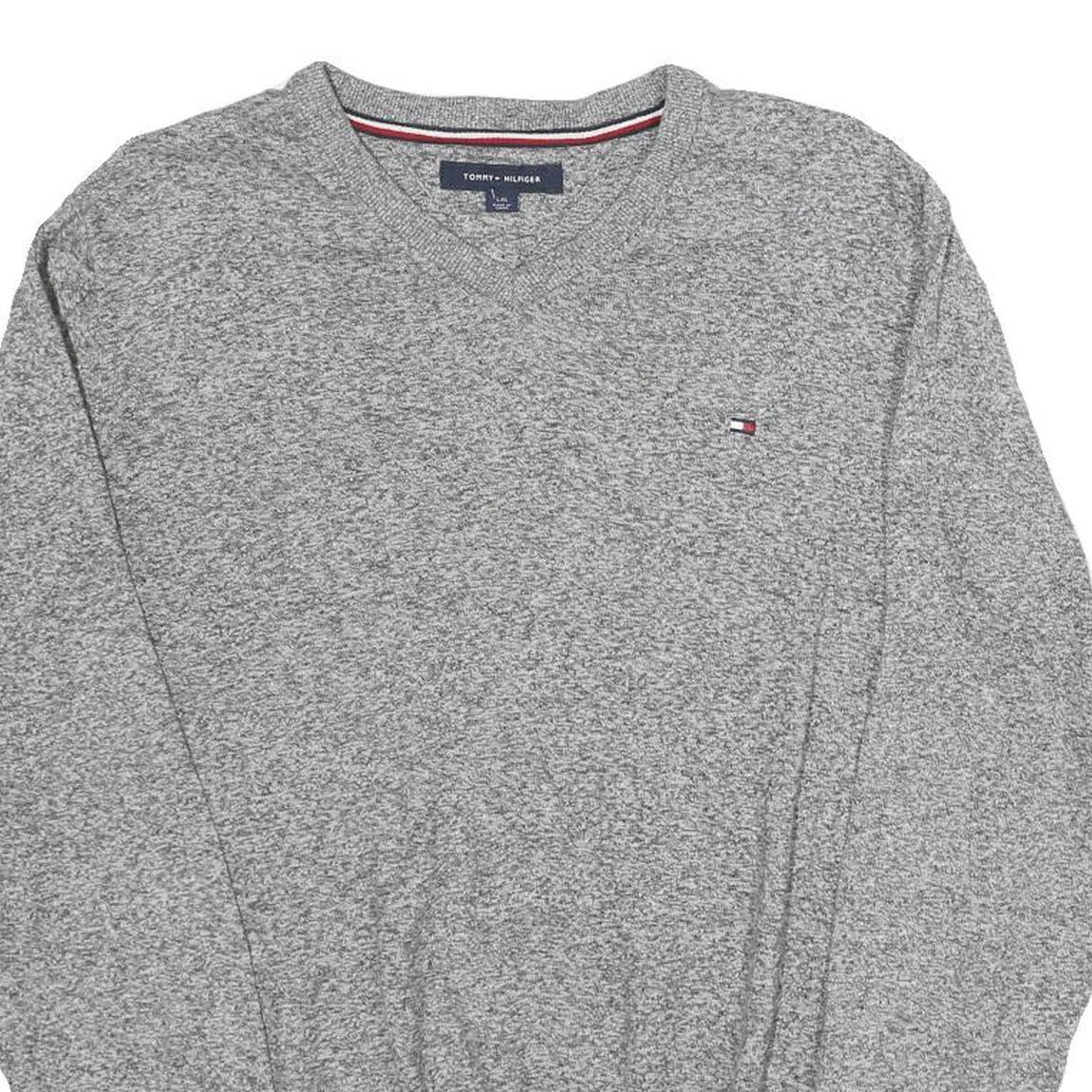 TOMMY HILFIGER Mens Grey Plain Cotton V-Neck Basic Knit Jumper L Classic Style