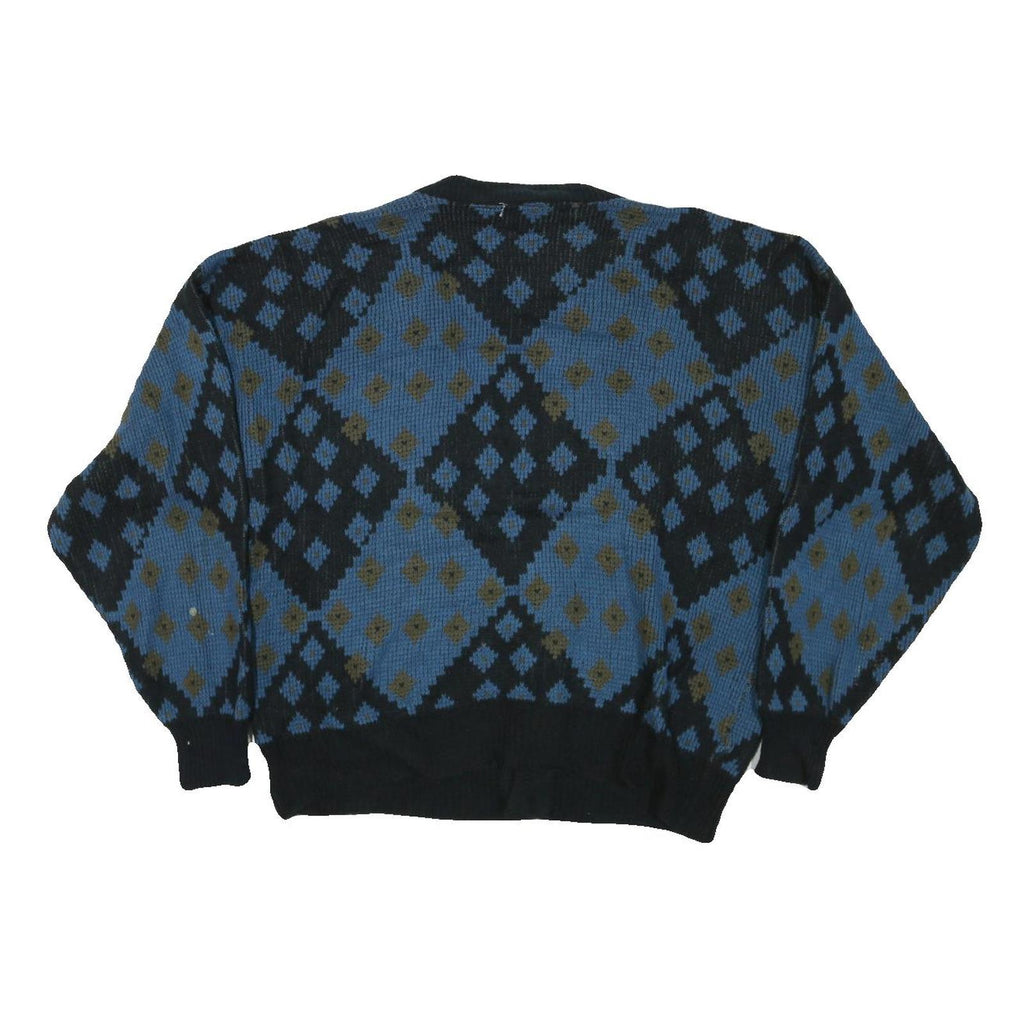 FINE LINE Womens Blue Black Wool Patterned Button Up Jumper M Chunky Knit Round