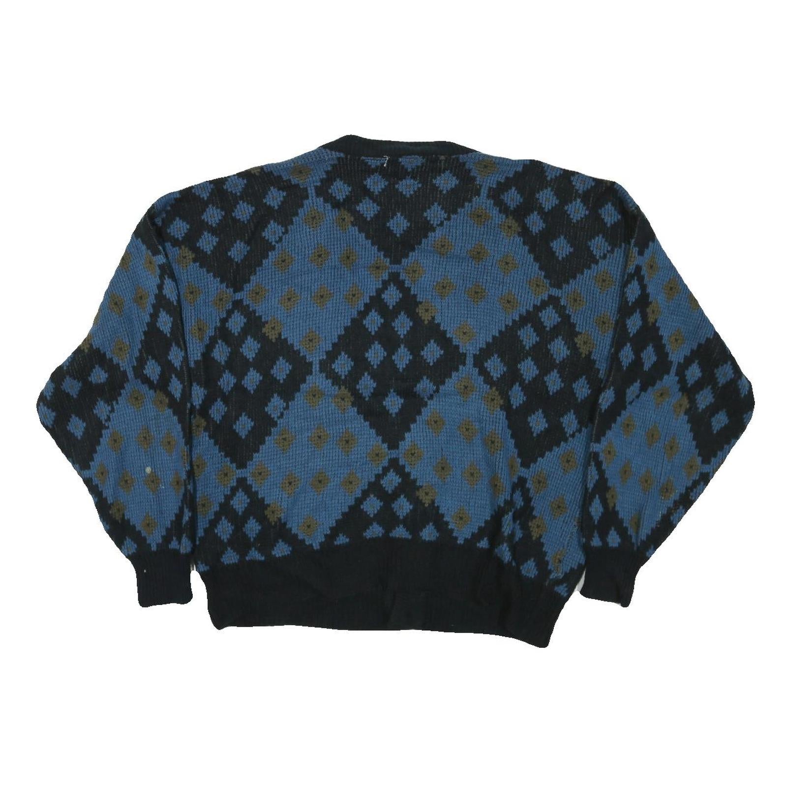 FINE LINE Womens Blue Black Wool Patterned Button Up Jumper M Chunky Knit Round