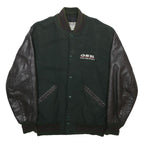 DELONG Mens Green & Black Tool Graphic Button Jacket M Wool Leather Sleeves