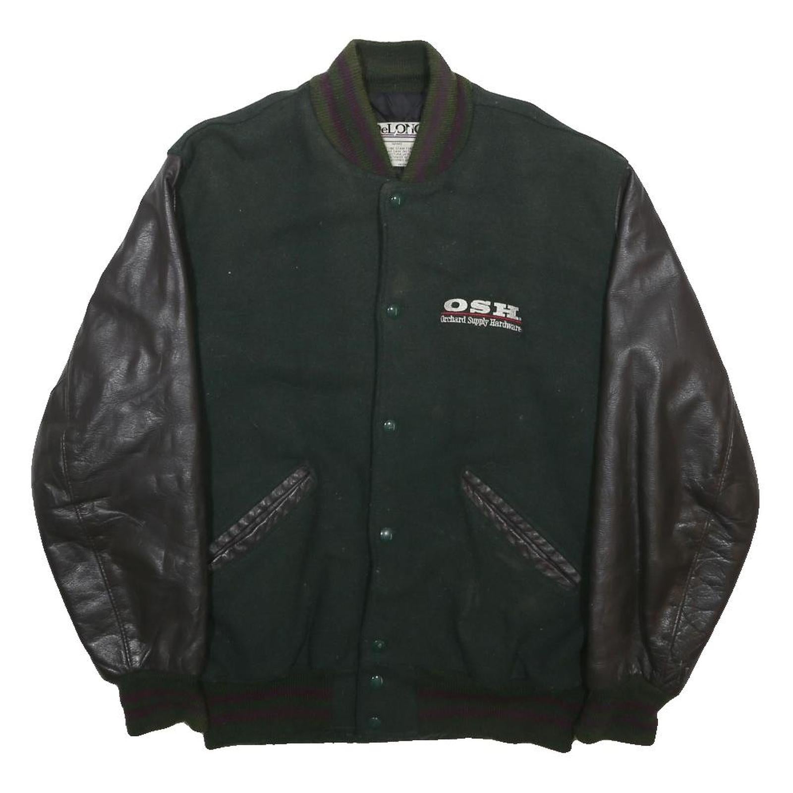 DELONG Mens Green & Black Tool Graphic Button Jacket M Wool Leather Sleeves