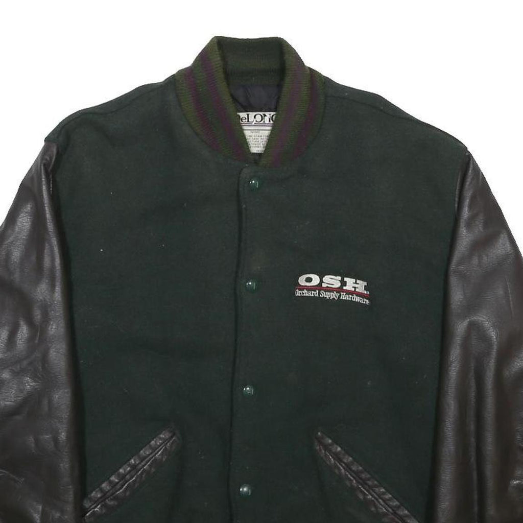 DELONG Mens Green & Black Tool Graphic Button Jacket M Wool Leather Sleeves