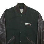 DELONG Mens Green & Black Tool Graphic Button Jacket M Wool Leather Sleeves