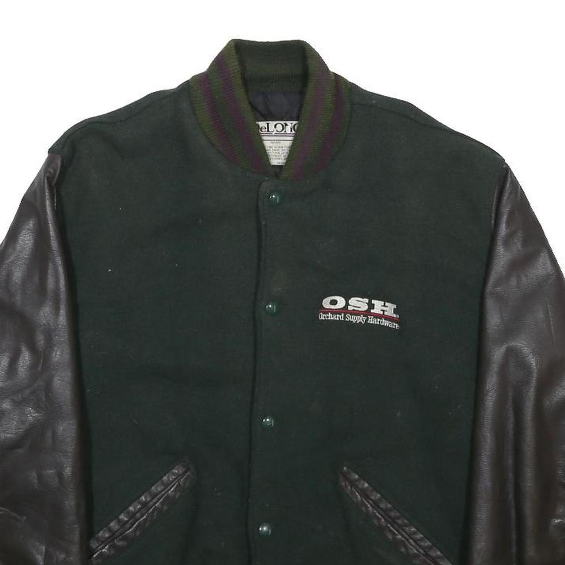 DELONG Mens Green & Black Tool Graphic Button Jacket M Wool Leather Sleeves