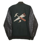 DELONG Mens Green & Black Tool Graphic Button Jacket M Wool Leather Sleeves