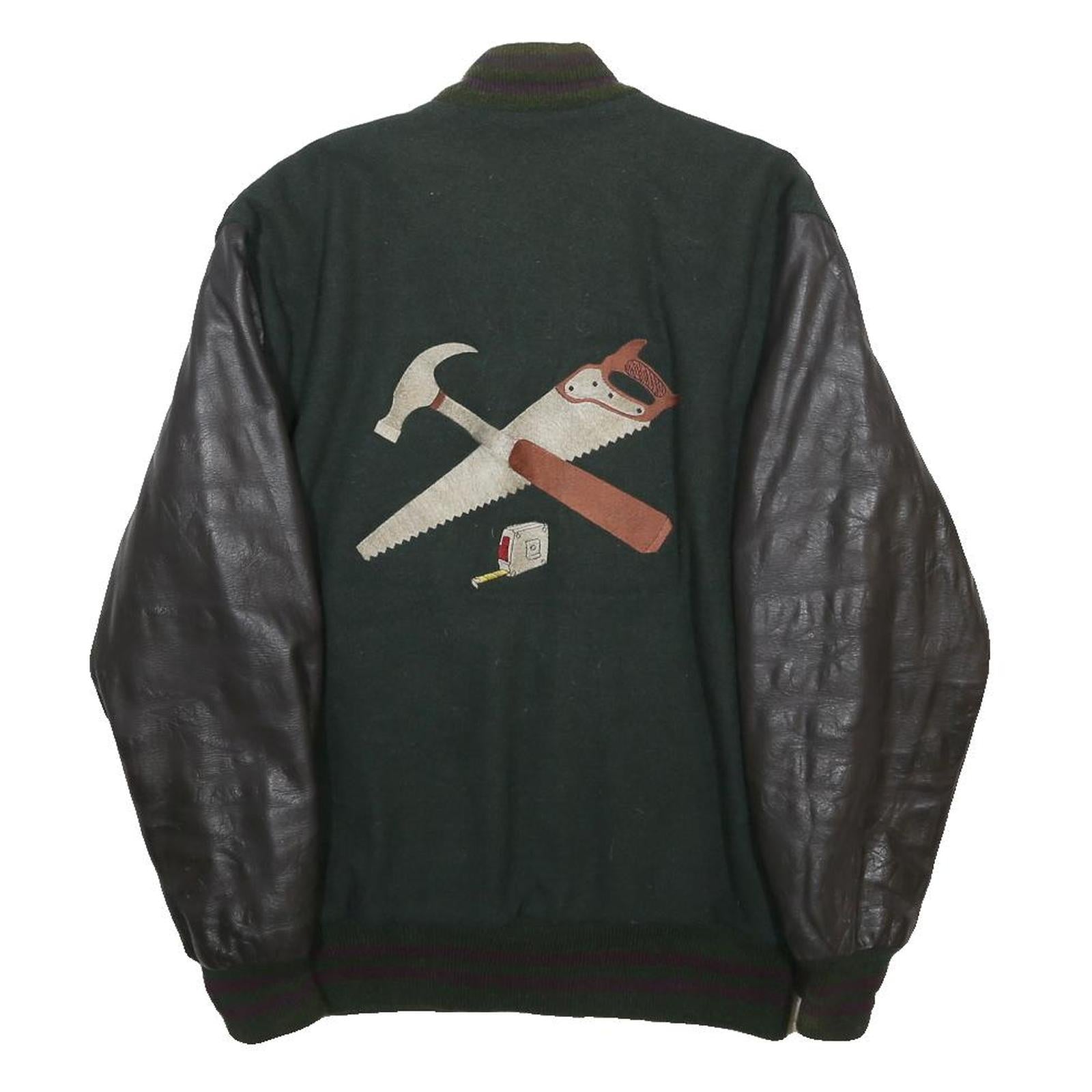 DELONG Mens Green & Black Tool Graphic Button Jacket M Wool Leather Sleeves