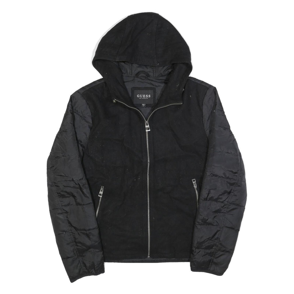 GUESS Womens Black Wool Blend Hooded Zip Jacket L Outerwear Quilted Lightweight